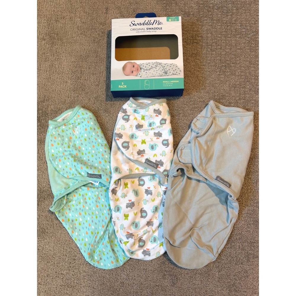 SwaddleMe Original Swaddle 3 Pack Adjustable Baby Wrap 0-3M Gray Teal Animals